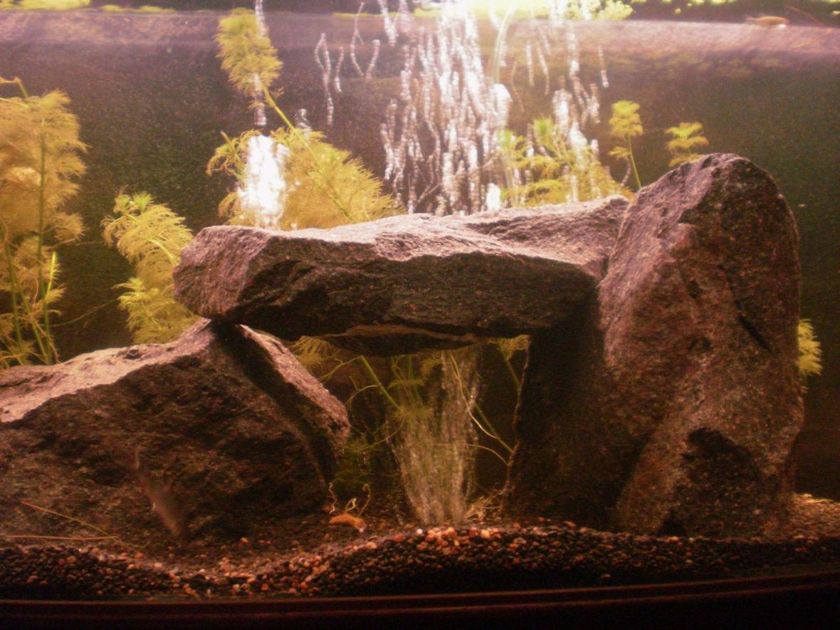 70 gallons freshwater fish tank (mostly fish and non-living decorations) - StoneHenge - Granite rock with a suspended rock creating a tunnel. I placed an undergavel airstone beneth the suspended rock which spreads the bubbles around and gives a unique look!