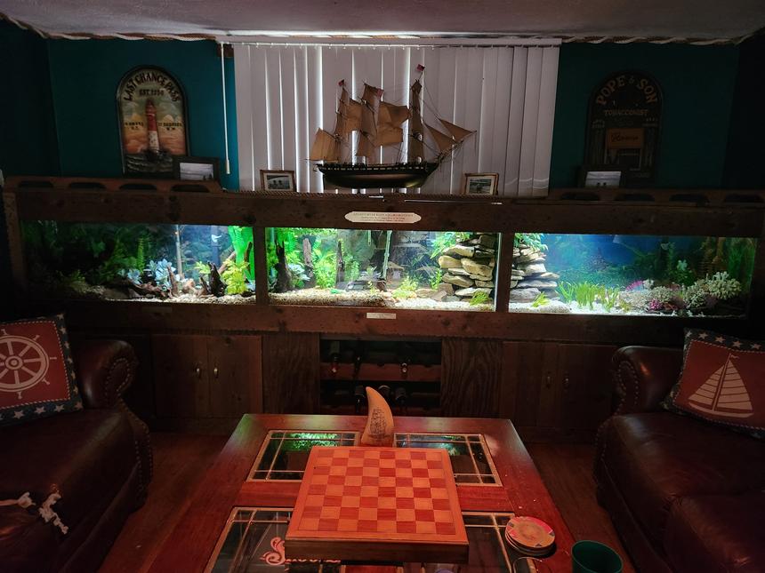 Rated #143: 165 Gallons Freshwater Fish Tank - Amazon River Basin Aquarium.  From the upper Amazon in Peru through Columbia and the mangrove area in Brazil to the Ocean and the French Guiana Coral reef just off Brazil the fish are all native to each area to teach mating/spawning, habits of each fish, etc. So it's both beautiful and Educational for our kids